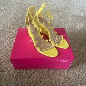 Yellow wedge tie up sandals size 9